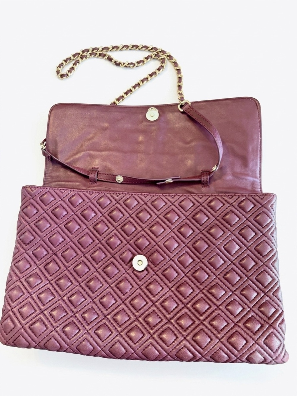 Tory Burch Marion Quilted Leather Flap Shoulder Bag Clutch Burgundy Plum - Picture 7 of 8